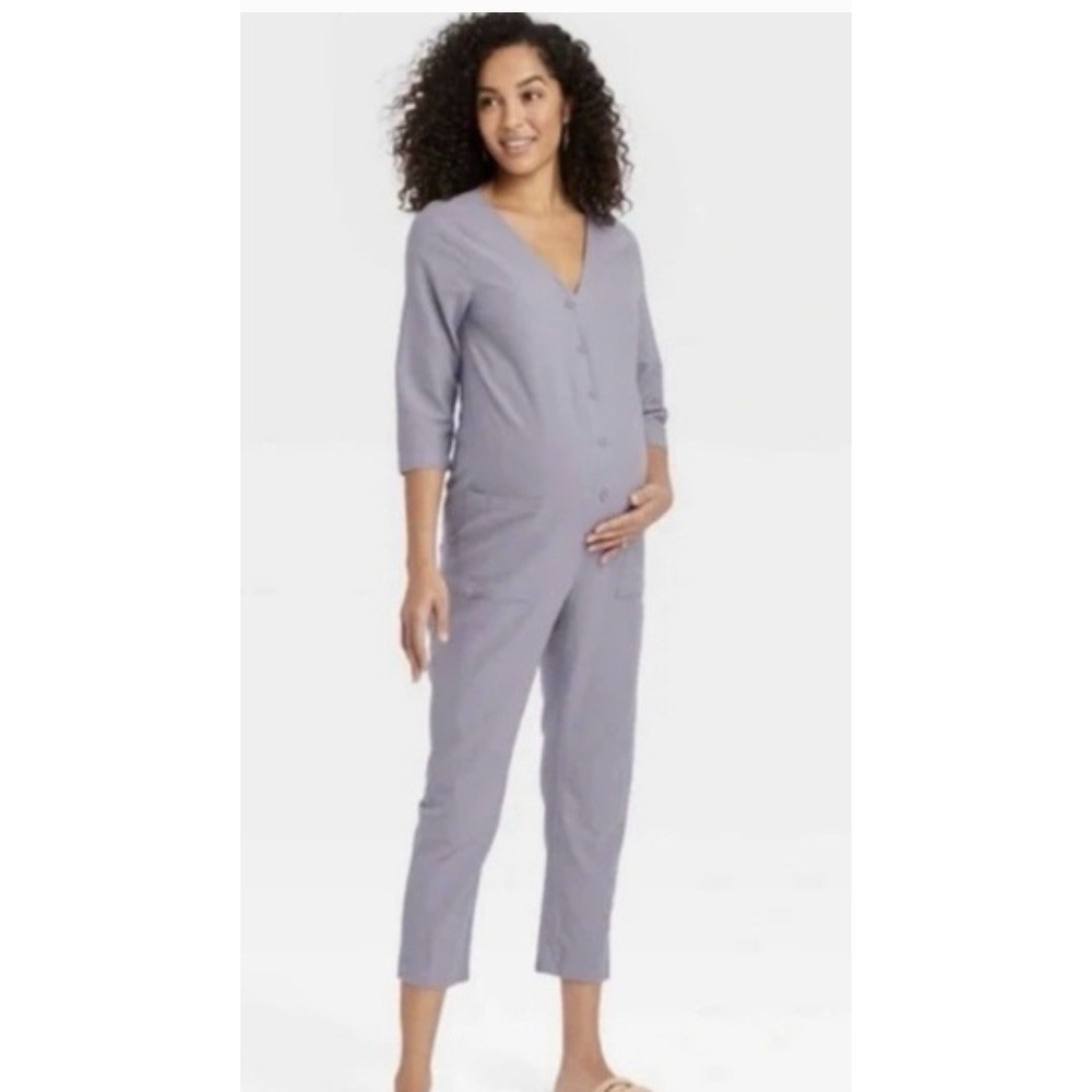The Nines by Hatch Button Front 3/4 Sleeve Maternity Jumpsuit Medi Purple BBB2-1